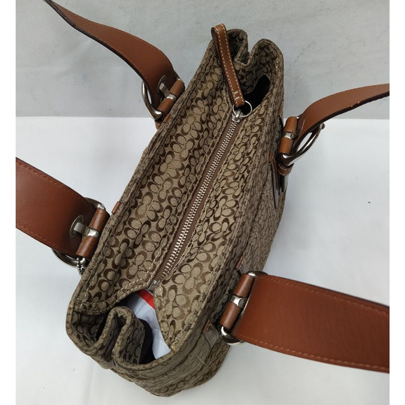 Coach Signature Brown Canvas Leather Trim Double Handle Zipper Tote Bag - Picture 6 of 16